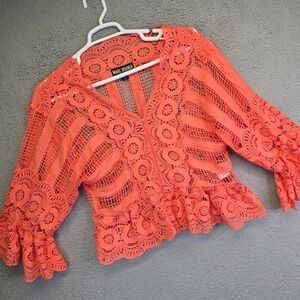 Marc Bouwer Lace Top‎ Womens L Orange Cottagecore Boho Chic Peplum Zip Jacket